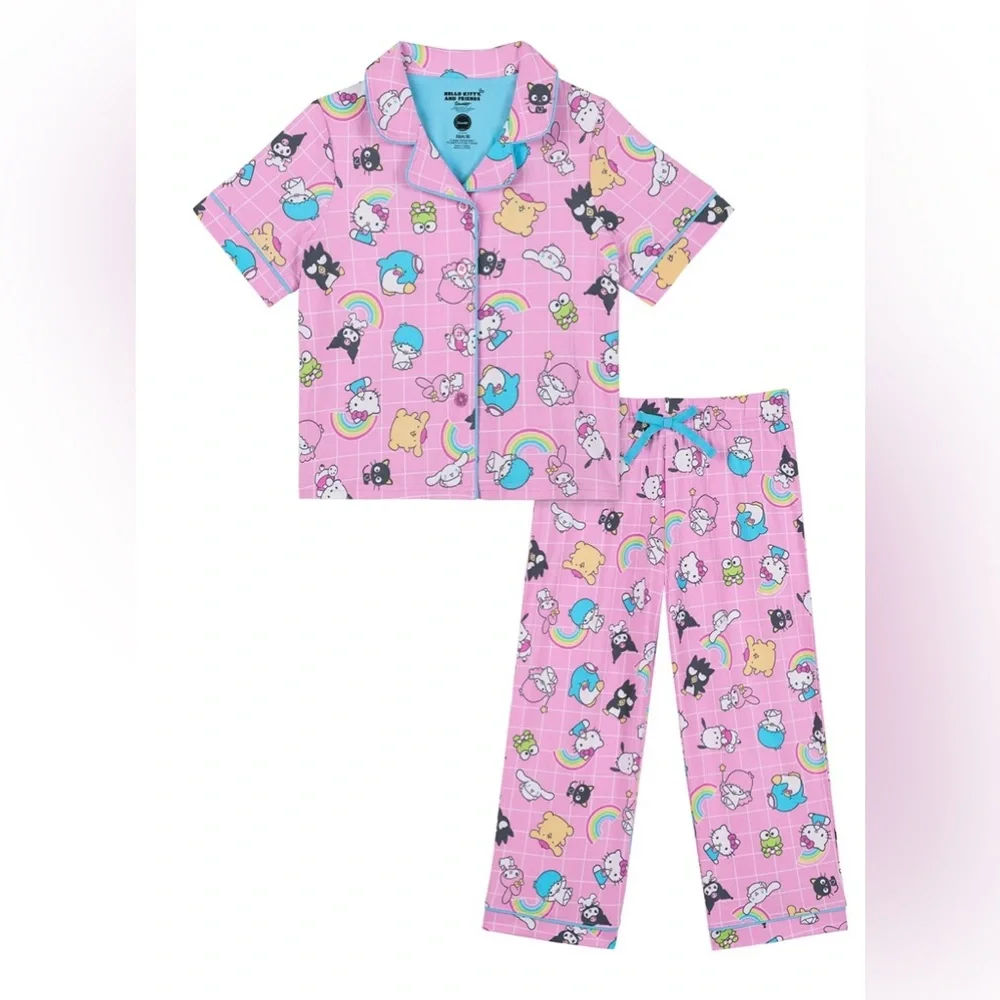 NWT Hello Kitty & Friends Girls 2-Piece PJ Set Pink Rainbow Sleepwear‎ Sz S 6/6X